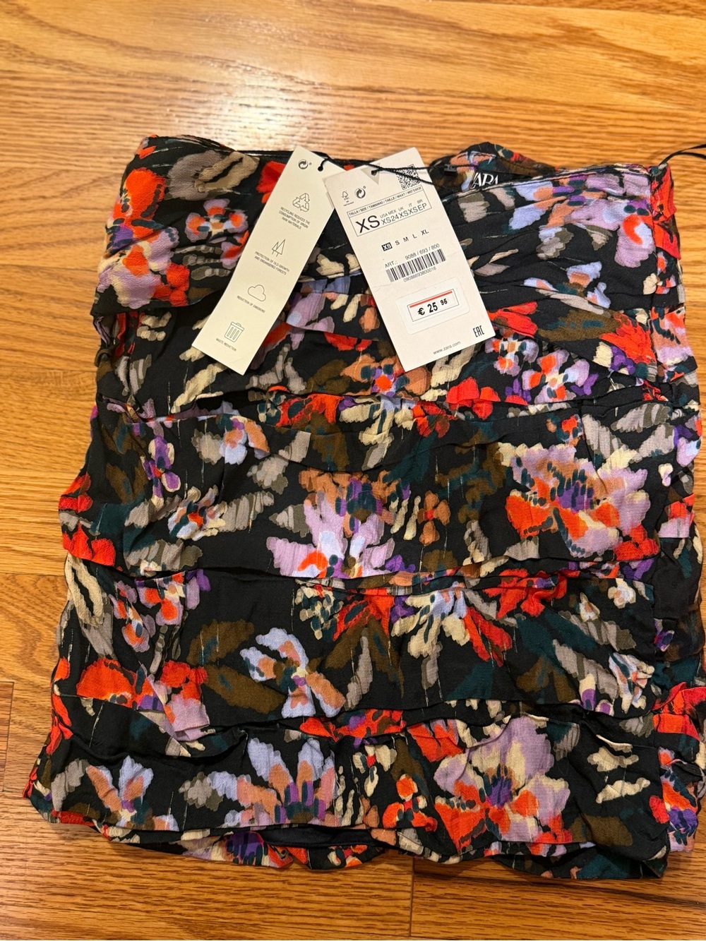 Zara Floral Tiered Mini Skirt in Black with Red & Lavender Print